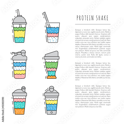 Set of protein shakes and fitness sports nutrition for weight loss and muscle mass. Drawn in a flat style and outline. Set of shakers for sports nutrition. The composition, the recipe protein shake
