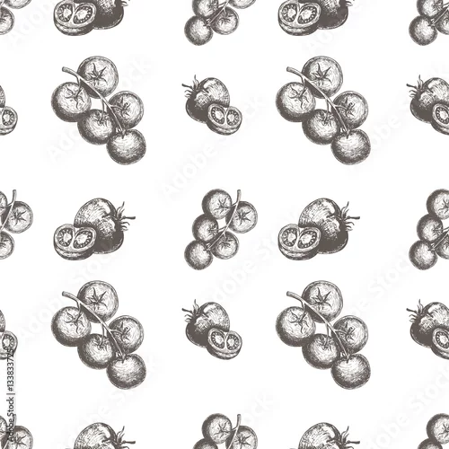 Tapety Bezszwowy wektoru wzór z pomidorami. Wektorowa ilustracja z pomidorami na gałąź. Szablon projektu do pakowania papieru lub tkaniny. Styl Vintage, ręcznie rysowana grafika