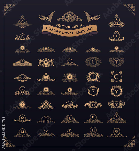 Luxury royal logo set. Crest, emblem, heraldic monogram. Vintage flourishes elements