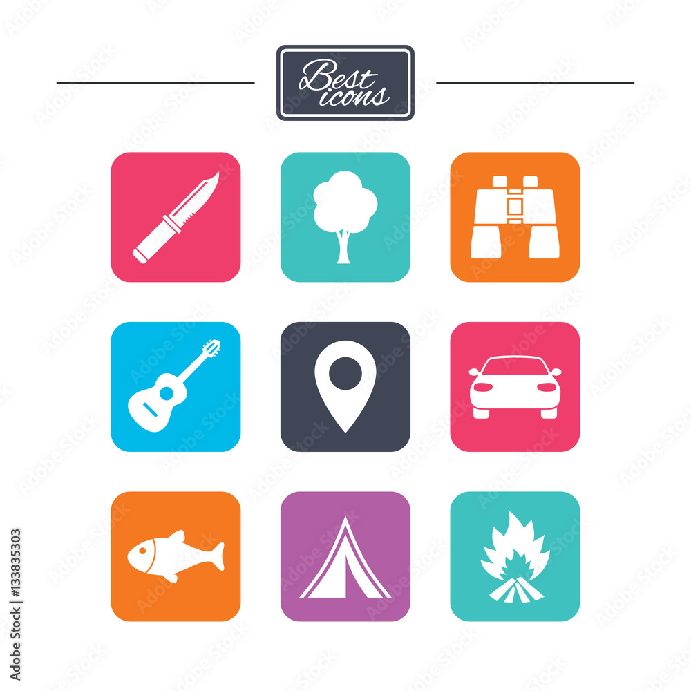 Camping, tourism icons. Fishing, guitar music. Camping, tourism icons. Fishing, guitar music.