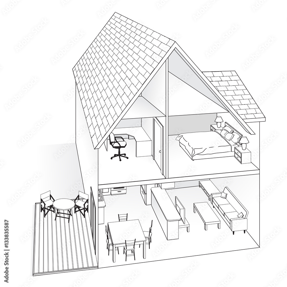 Line drawing of a home crosssection showing different areas of the