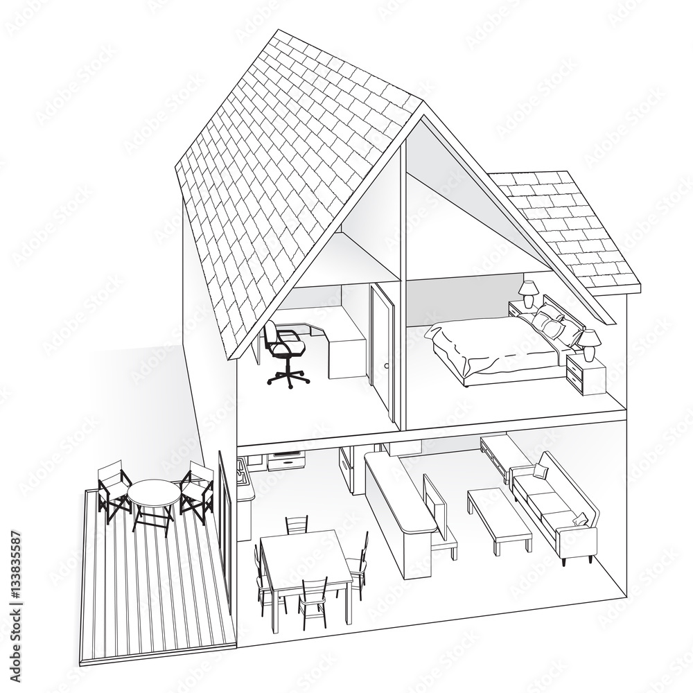 Line drawing of a home cross-section showing different areas of the house  patio kitchen living room office & bedroom. Stock Vector | Adobe Stock