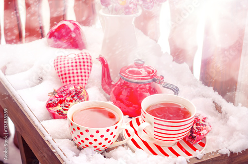Vintage Heart, Hot Cup of Tea on the Snow, Red Teapot