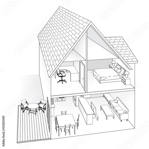 Line drawing of a home cross-section showing different areas of the house patio kitchen living room office & bedroom.