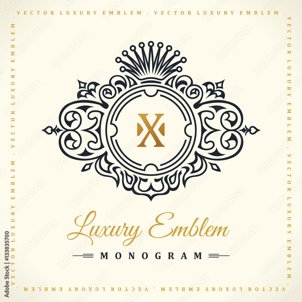 Vintage gold logo set. Flourishes crest calligraphic ornament