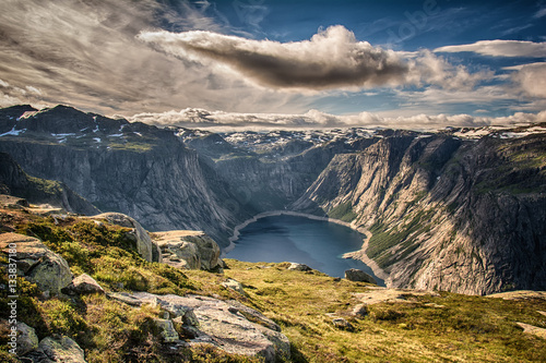 View on the lake from the road Trolltunga Ringedalsvatnet