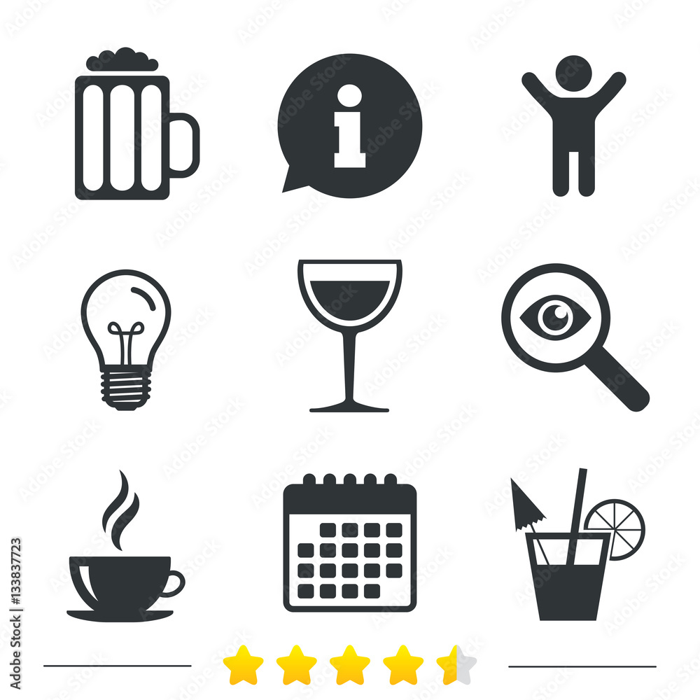 Drinks signs. Coffee cup, glass of beer icons. Drinks signs. Coffee cup, glass of beer icons.