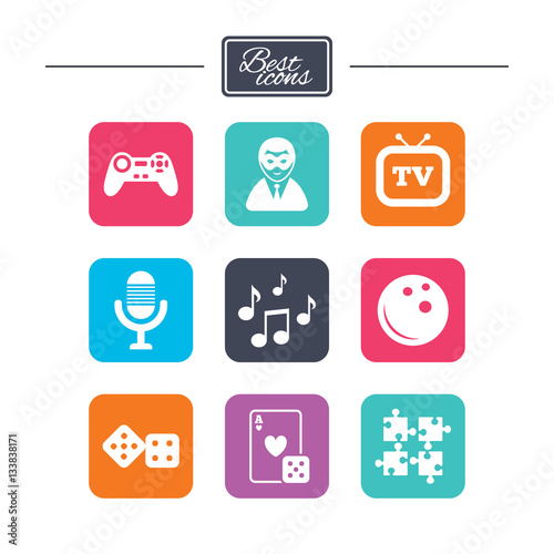 Entertainment icons. Game, bowling and puzzle.