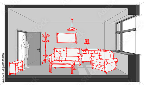diagram of a single room furnished with hand drawn sketches of sofa, chair, table, cabinets, ceiling lamp, cloths hanger and painting on the wall
