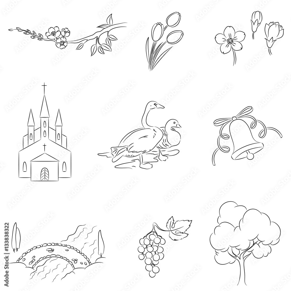 Village icons set. Hand drawn isolated over white.