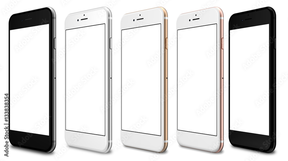 Set of five smartphones gold, rose, silver black and black polished - blank screen and isolated on white background, high resolution. Template, mockup. - obrazy, fototapety, plakaty 