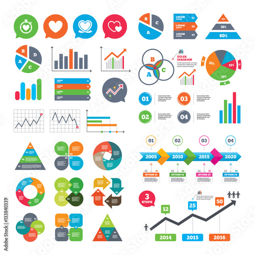 Heart ribbon icon. Timer stopwatch symbol.