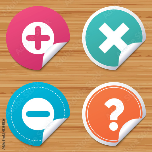 Plus and minus icons. Question FAQ symbol.