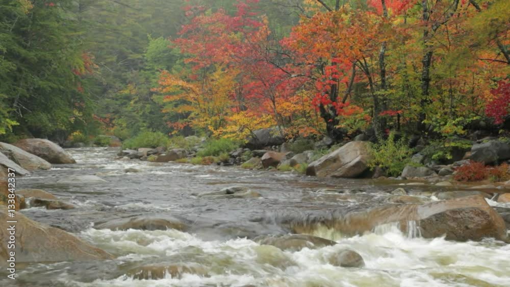 Pan of the Swift River on a rainy autumn day in the White Mountains of New Hampshire.