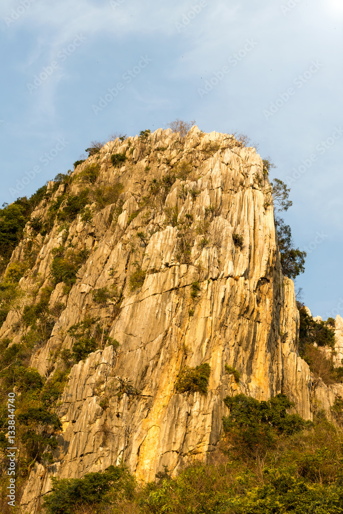 Fototapeta premium Mountain rock cliff with timber.