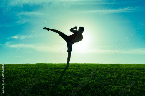Canvas Print Silhouette of man practicing MMA mixed marshal arts.