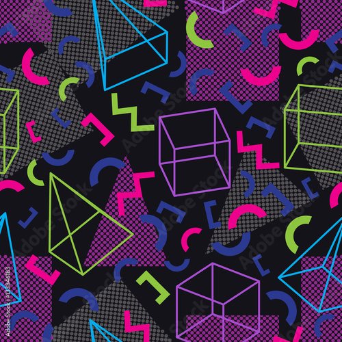 Abstract geometric seamless pattern. Inspired by the design style Memphis. Trendy texture in retro style 1980s. Vector illustration.