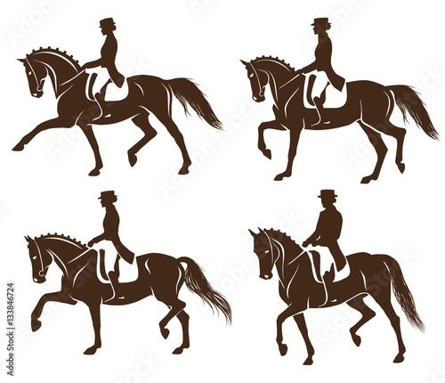 4 detailed silhouettes of horses with rider performing dressage