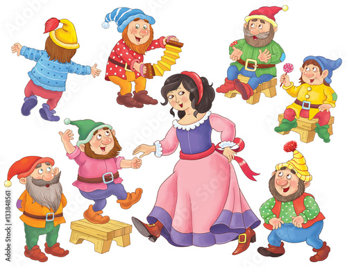 The Snow White and seven dwarfs. Fairy tale. Coloring page. Cute and funny cartoon characters. photo