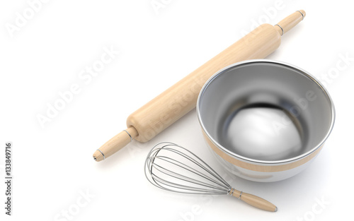 Wire whisk, wooden rolling pin and chrome bowl. 3D photo