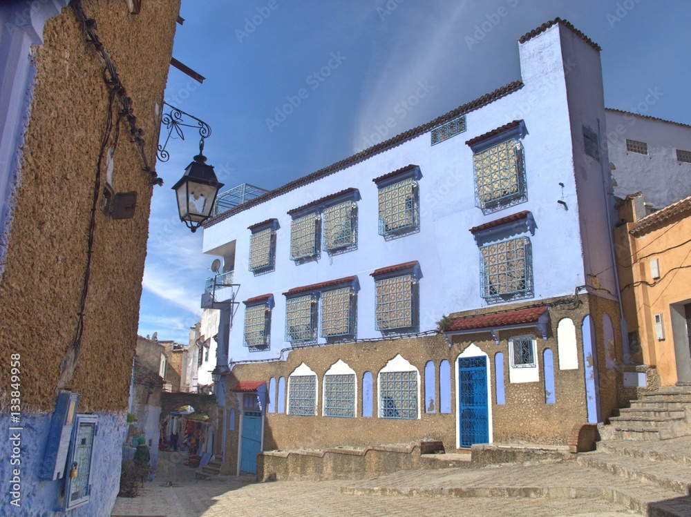 Typical street view in the Blue city Chefchaouen Northern Morocco.
