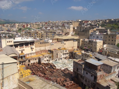 View above North Africa largest Tannery in Fez Morocco