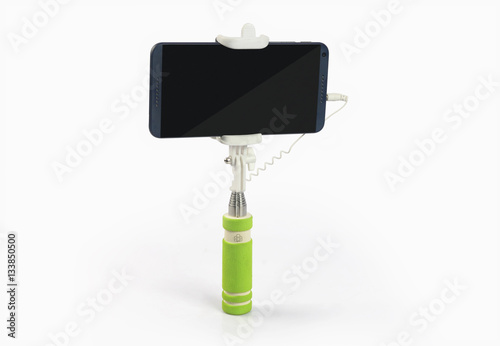Selfie Stick with Mobile Phone Isolated on White Background