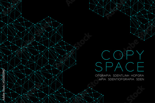 Cube boxe isometric pattern illustration blue green color, dot outline stroke design isolated on black background, with copy space