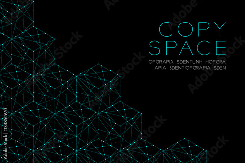 Cube boxe isometric pattern illustration blue green color, dot outline stroke design isolated on black background, with copy space