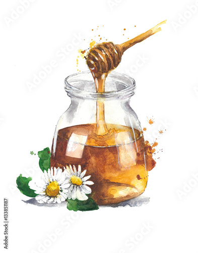 Honey in jar with honey dipper watercolor painting illustration isolated on white background © Yulia
