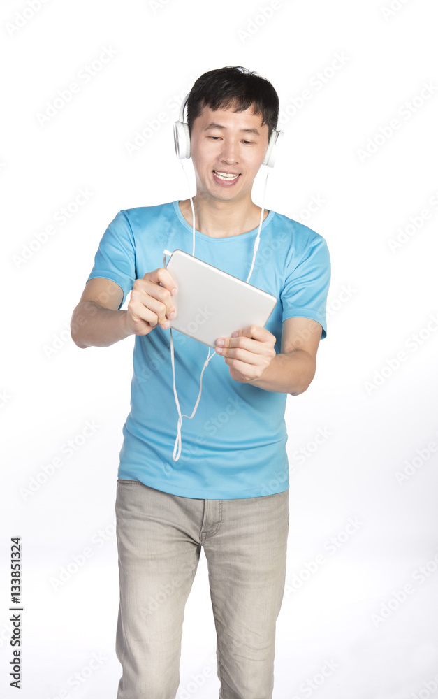 man playing with tablet