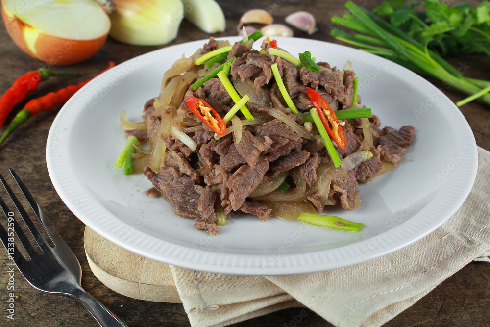stir fried beef with onion and spring onion