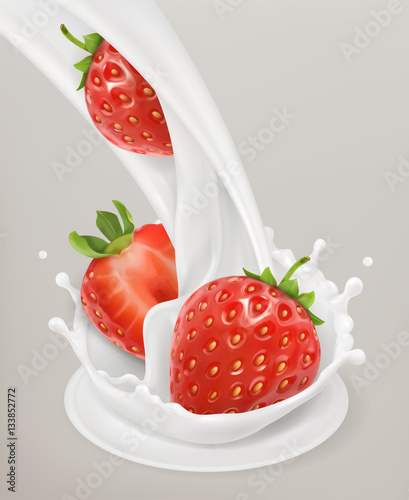 Milk splash and strawberry. 3d vector object. Natural dairy products