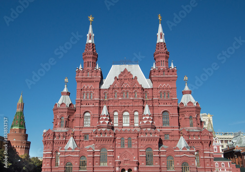 State Historical Museum Moscow with its red brick gingerbread house appearance and deep blue sky above. Located on Red Square in Moscow.