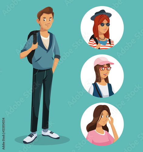 teen boy rucksack jeans girls icon vector illustration eps 10