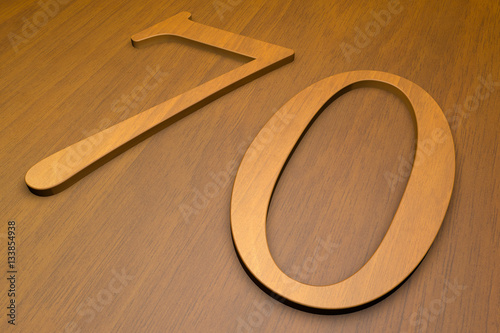 Wooden number 70 on wood background, 3d illustration