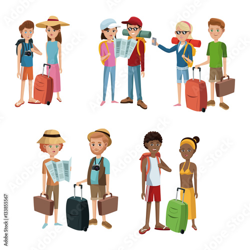 collection couples traveling baggage tourist vector illustration eps 10