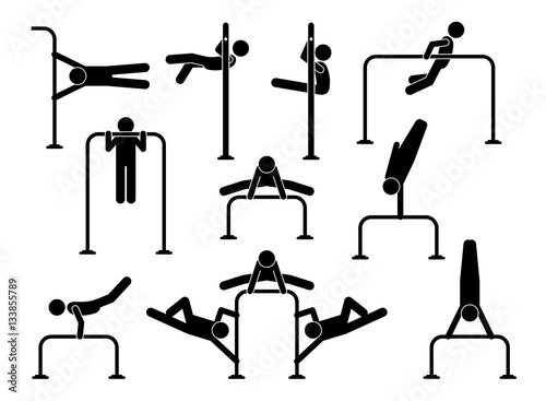 Urban street calisthenics. Athletes people workout on gymnastic exercises to get body fitness, flexibility, muscles, weight training, and strong health. The exercises uses gross motor movements.