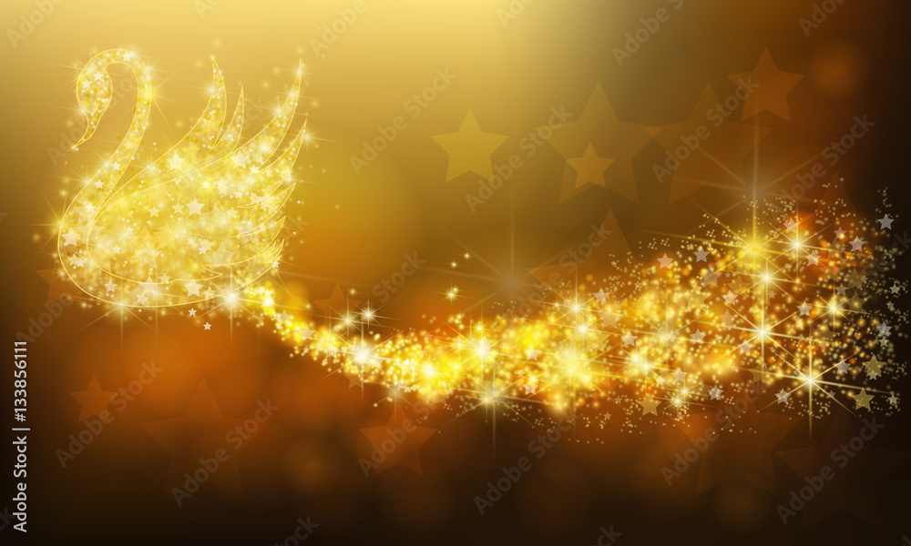 Fototapeta premium Golden sparkle jewelry swan bird floating with glittering stars pattern in advertisement promotion or seasonal holiday celebration colorful background, create by vector 