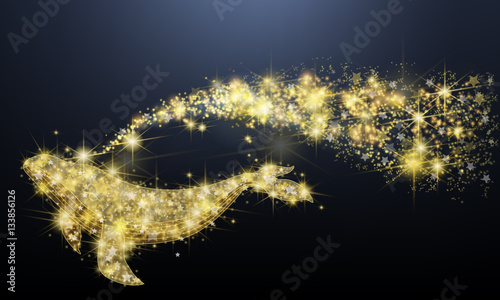 Golden sparkle jewelry whale or dolphin fish flying with glittering stars pattern in advertisement promotion or seasonal holiday celebration isolated black background, create by vector

