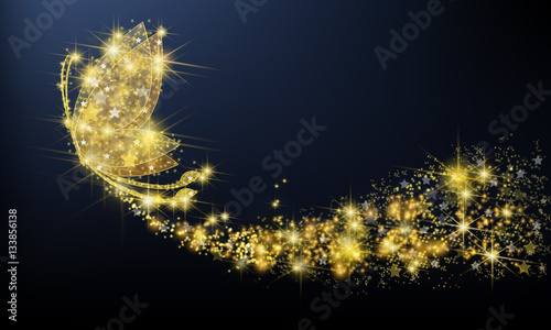 Golden sparkle jewelry butterfly insect flying with glittering stars pattern in advertisement promotion or seasonal holiday celebration isolated black background, create by vector
