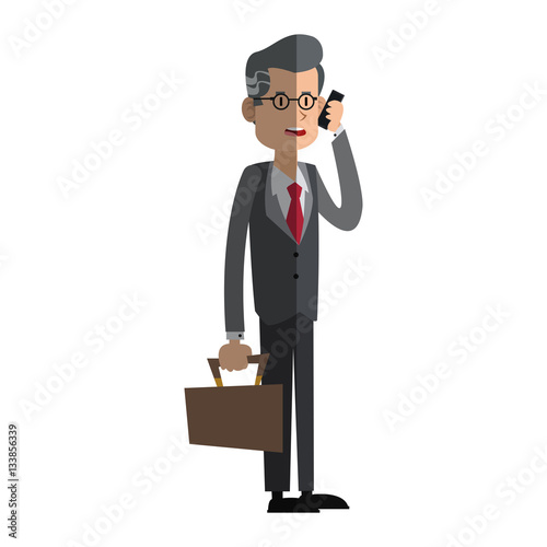 businessman cartoon using a smartphone over white background. colorful design. vector illustration