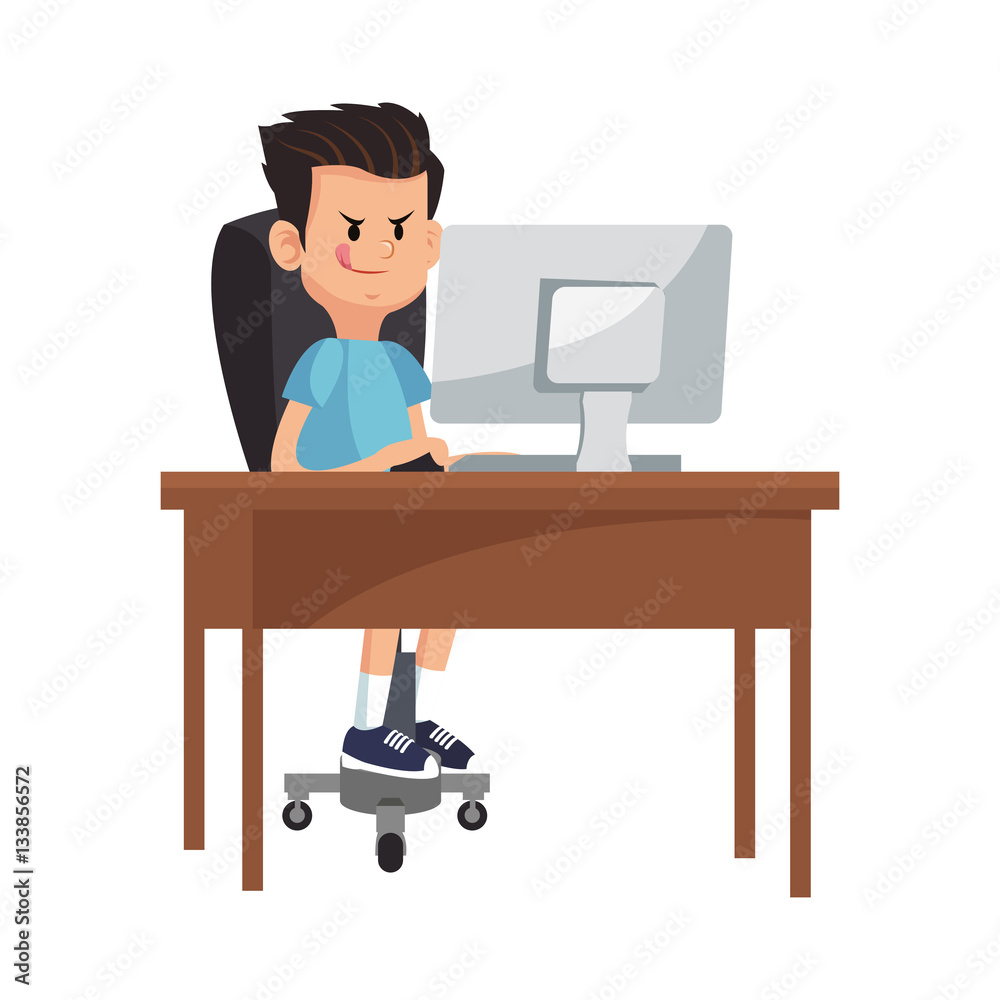 boy cartoon playing on the computer over white background. colorful design. vector illustration boy cartoon playing on the computer over white background. colorful design. vector illustration