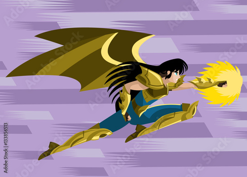 powerful anime armored knight superhero attacking with a fireball punch