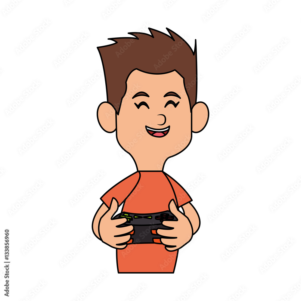 boy cartoon playing videogames over white background. colorful design. vector illustration