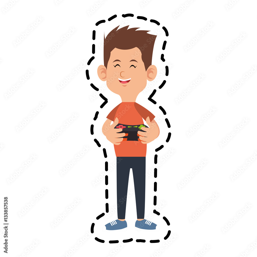 sticker of boy cartoon playing videogames over white background. colorful design. vector illustration