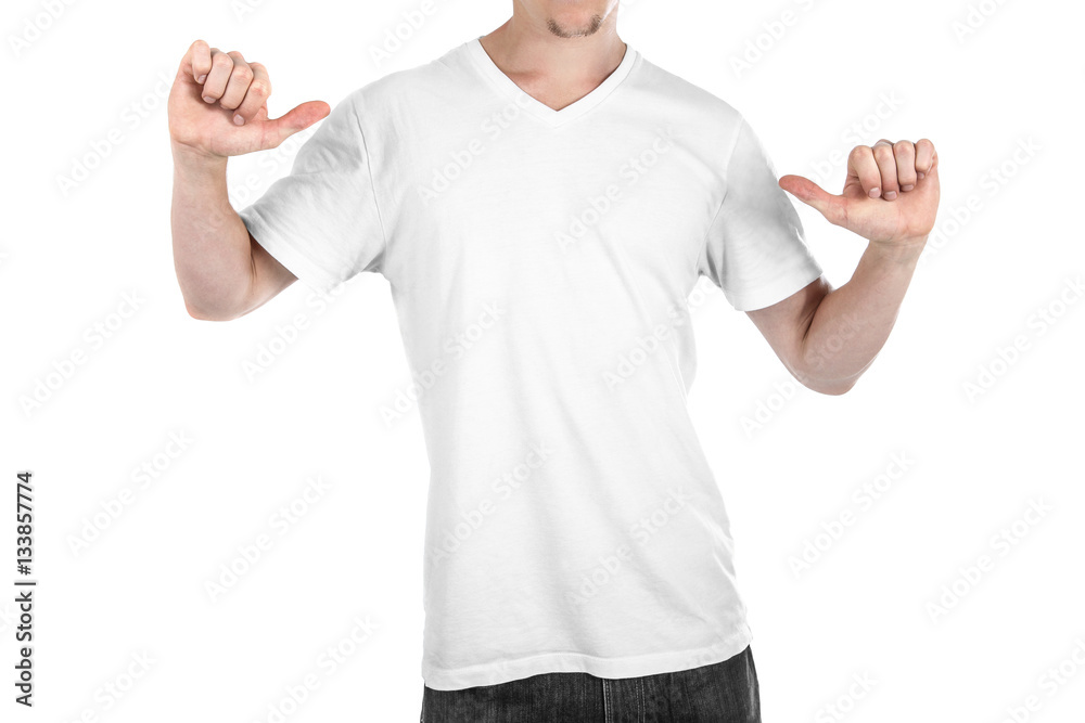 Man pointing at blank t-shirt Man pointing at blank t-shirt