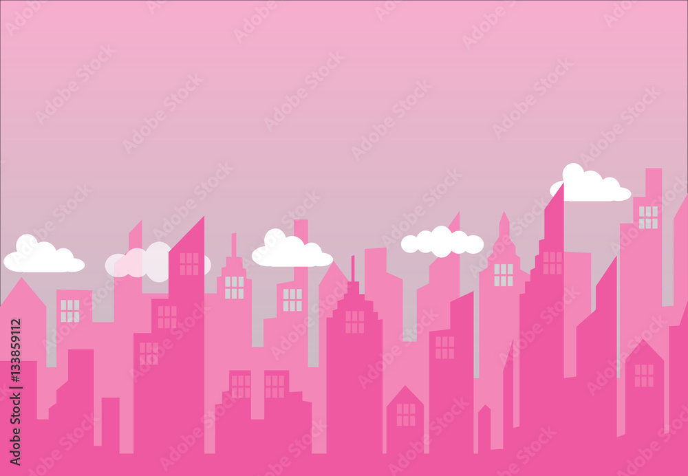 Vector pink cityscape with clouds and a building.