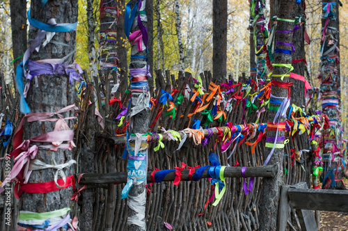 Colorful satin ribbons tied to a log fence and trees to celebrate love and marriage, make wishes and remember the deceased. Located at the Eurasian line near Yekaterinburg Russia. 