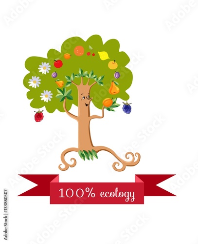 Unusual ecology icon. Merry fabulous fruit tree, juggling fruit on white background. Beautiful packaging for multifruit juice, jam, marmalade. Vector illustration.